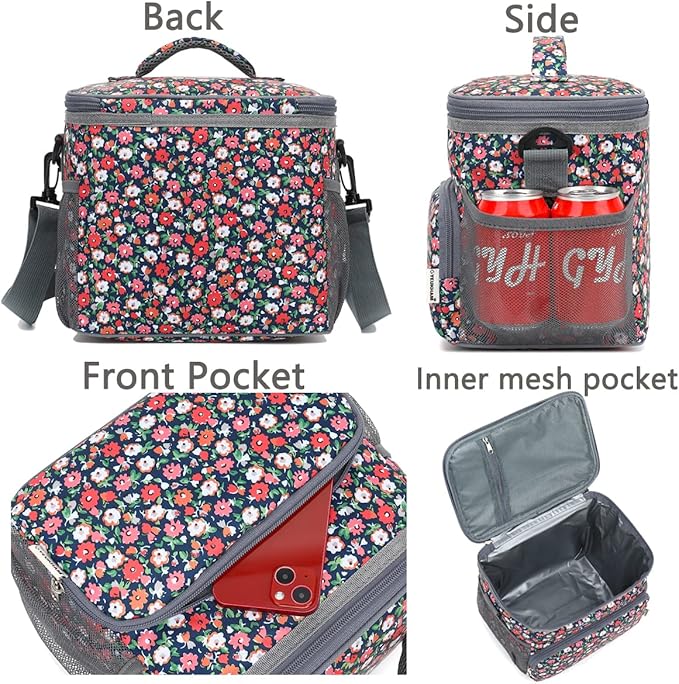 Insulated Reusable Lunch Bag Adult Large Lunch Box for Women and Men with Adjustable Shoulder Strap,Front Zipper Pocket and Dual Large Mesh Side Pockets,Floral