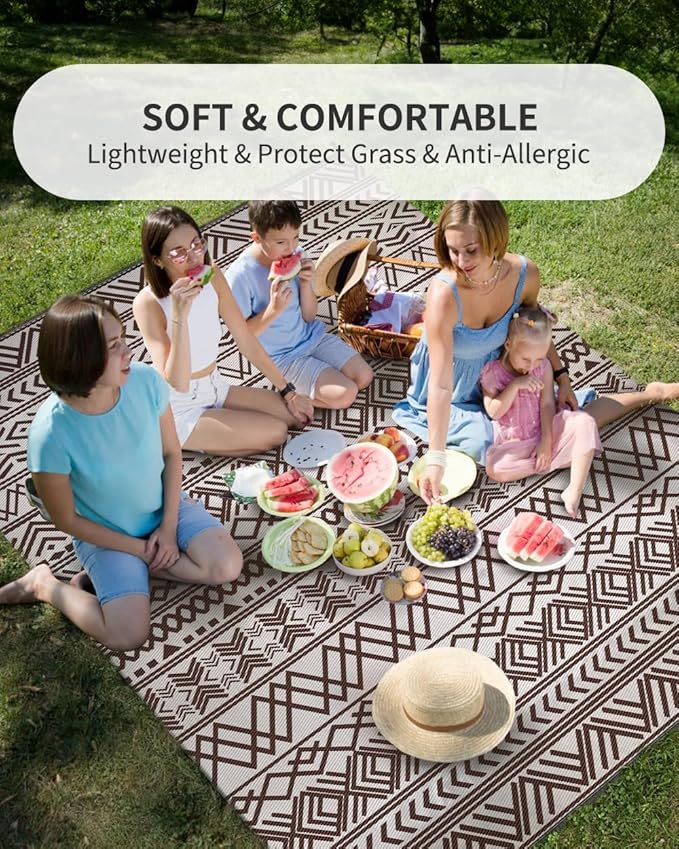 MontVoo Outdoor Rug Carpet Waterproof 5x8 Outdoor Patio Rug Mat Reverisble Plastic Straw Outdoor Rug for RV Camping Picnic Beach Balcony Boho Beige Brown