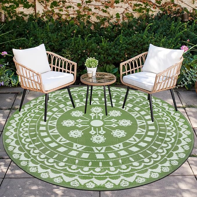 Capslpad 6Ft Round Outdoor Rug for Patios Clearance Reversible Mat Plastic Straw Patio Rugs Lightweight RV Camping Mat Circle Outside Area Rug Carpet for Balcony Deck Trailer Picnic BBQ,Green