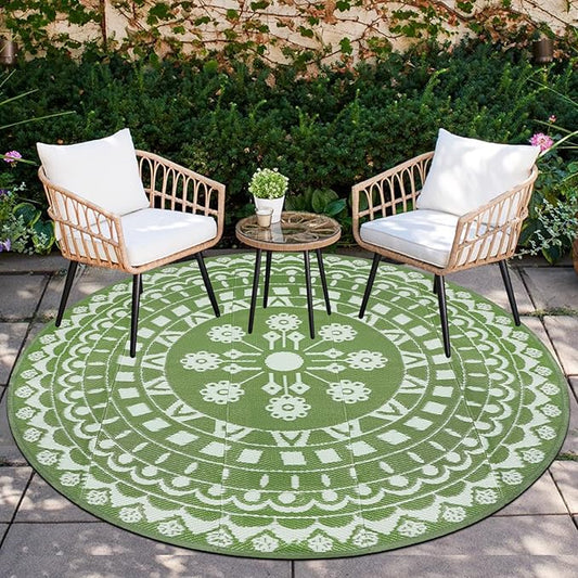 Capslpad 6Ft Round Outdoor Rug for Patios Clearance Reversible Mat Plastic Straw Patio Rugs Lightweight RV Camping Mat Circle Outside Area Rug Carpet for Balcony Deck Trailer Picnic BBQ,Green