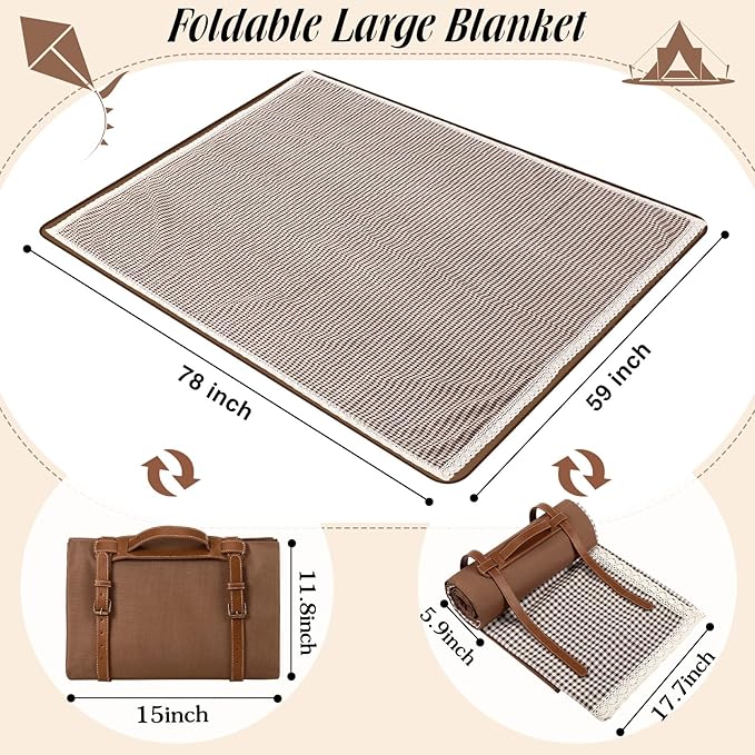 Waterproof Picnic Blankets Outdoor Blanket Foldable 2 in 1 Double Layer Sandproof Beach Mat with Carry Strap for Camping Lawn Park Beach Grass(Coffee White,59 x 79 Inches)