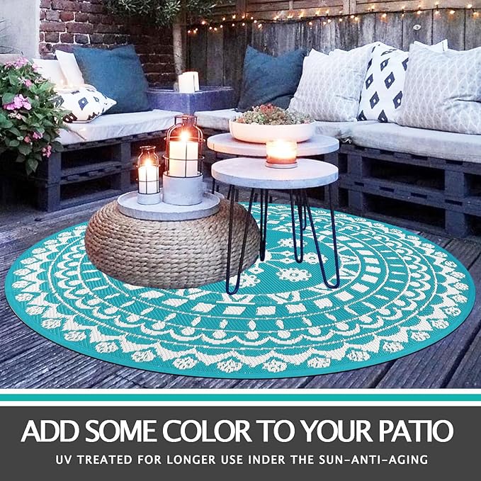 Capslpad 5Ft Round Outdoor Rug for Patio Reversible Mat Waterproof Plastic Straw Rug Boho Circle Indoor Outside Area Rug for RV Camping Picnic Pool Tent Balcony Beach Deck Doormats Decor, Teal