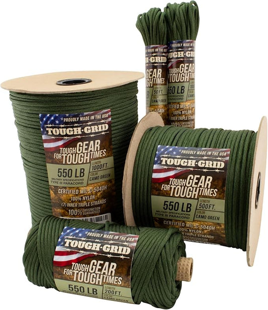 TOUGH-GRID Premium Camo Green Paracord 550 lbs Made in USA Outdoor Survival Nylon Rope Tactical Heavy Duty Strands Parachute Cord Used by US Military Type III Mil-Spec