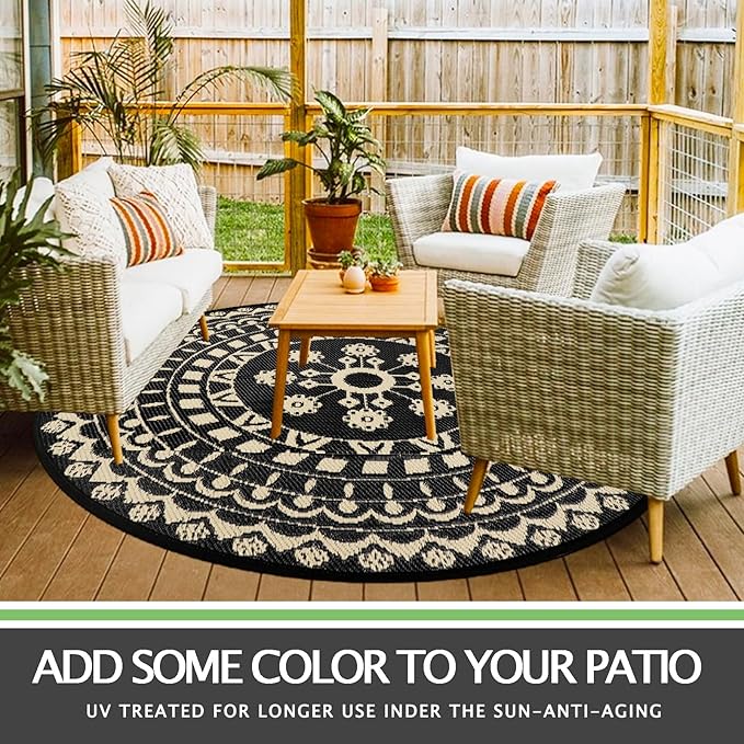 Capslpad 5Ft Round Outdoor Rug for Patio Reversible Mat Waterproof Plastic Straw Rug Boho Circle Indoor Outside Area Rug for RV Camping Picnic Pool Tent Balcony Beach Deck Doormats Decor, Beige