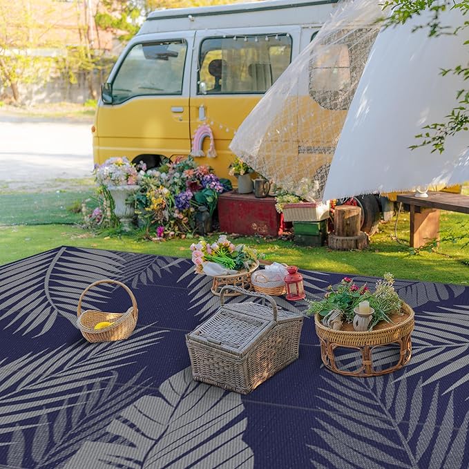 GENIMO Outdoor Rug 9' x 18' Waterproof for Patios Clearance, Reversible Outdoor Plastic Straw Camping Rug Carpet, Large Area Rugs Mats for RV, Camper, Deck, Balcony, Porch, Beach, Navy Blue&Grey