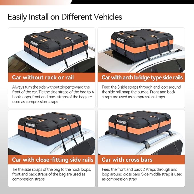 MARCHWAY Waterproof Car Roof Luggage Bag, Weatherproof Soft Shell Rooftop Cargo Carrier Bag for Vehicles with or Without Rack. 6 Door Hooks, Anti Slip Mat, Lock Included (15 Cubic Feet, Orange)