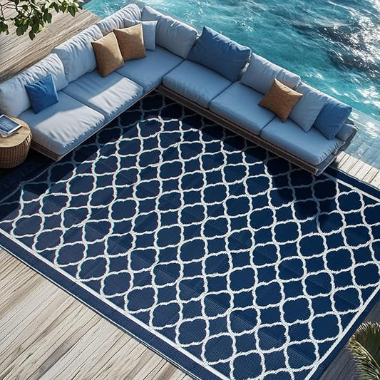 Waterproof Outdoor Rug 9x18 ft, Reversible Plastic Straw Rug, Easy to Clean Patio Rug, Portable Carpet for Patio, RV, Deck, Balcony, Backyard, Picnic, Beach, Clover, Navy Blue