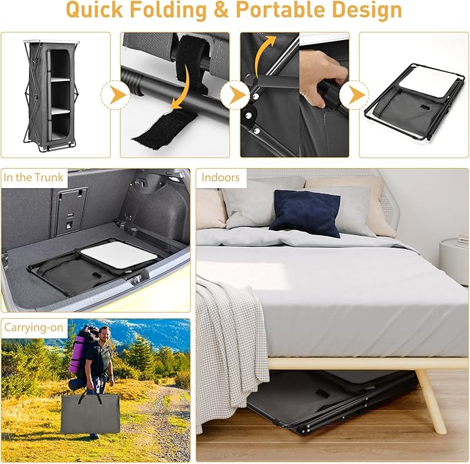 Goplus Folding Camping Storage Cabinet, Pop Up Outdoor Camping Kitchen Station with Large 3-Tier Storage Organizer, Carry Bag, Easy Set Up Portable Compact Camping Table for BBQ Picnic Backyard (55'')