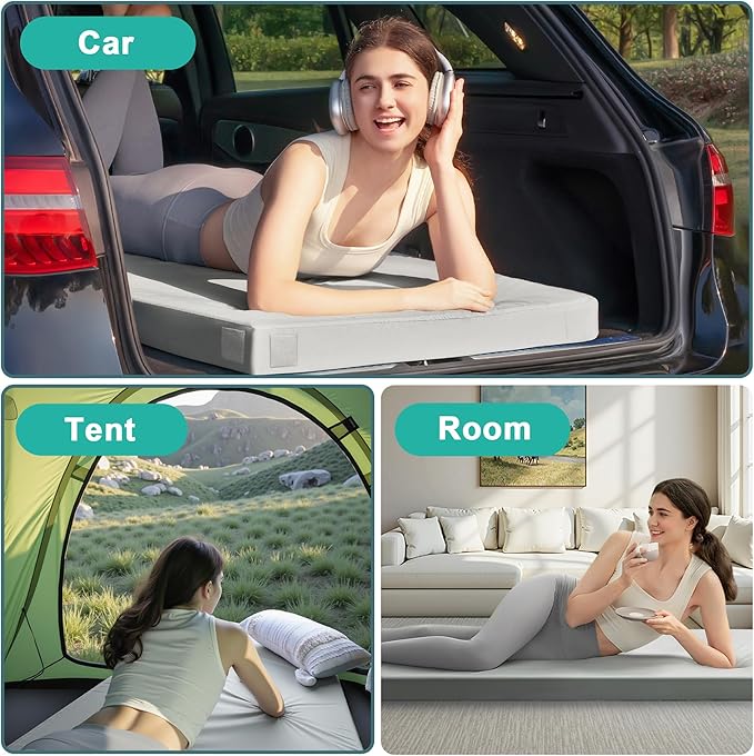 Memory Foam Camping Mattress Pad, CertiPUR-US Waterproof Portable Roll Up Mattress for Adults, Thick Floor Sleeping Mat Pad for Car Truck Tent with Travel Bag