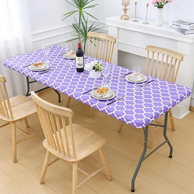 Smiry Rectangle Picnic Table Cover, Waterproof Elastic Fitted Camping Tablecloths for 4 Foot Tables, Wipeable Flannel Backed Vinyl Tablecloth Protector for Indoor, Outdoor (Lavender, 24x48 Inches)