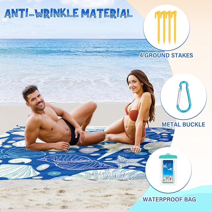 Beach Blanket Waterproof Sandproof 1-7 Adult Oversized 78 '' × 110 '' Lightweight Durable Compact Sand Free Beach Mat for Travel Camping Hiking Picnic Blanket Extra Large