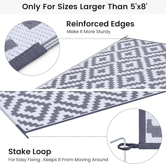 Smiry Waterproof Outdoor Rug 6x9 ft, Reversible Plastic Straw Patio Camping Rugs, Outdoor Indoor RV Mat Carpet for Patio, Outside Entry, Backyard, Deck, Bench, Picnic, Camper, White & Grey