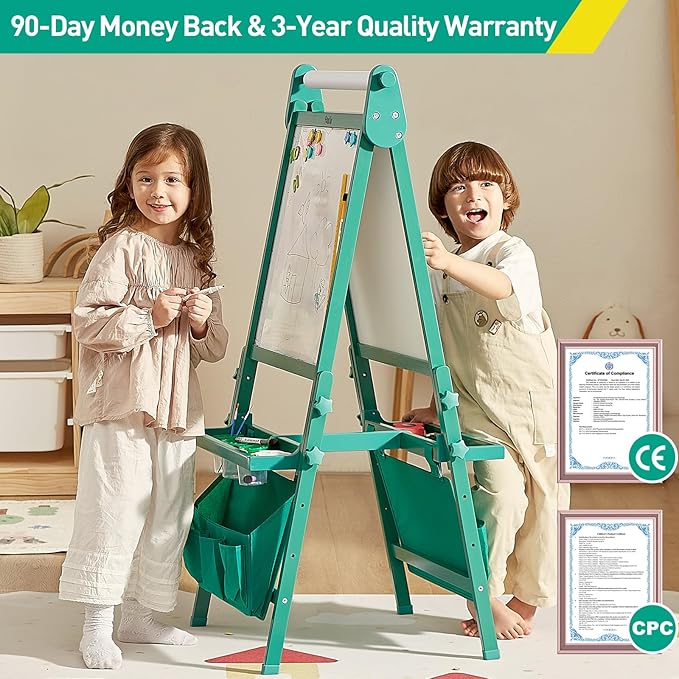 FUNLIO Foldable Anti-Warping Kids Art Easel, 3 Height Adjustable for Kids Aged 3-8, All-in-One Toddler Easel with Paper Roll, Standing Easel with Magnetic Chalkboard/Whiteboard - Green Foldable