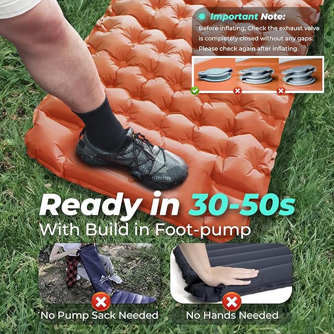 Sleeping Pad for Camping, Ultralight Inflatable Camping Mattress with Adjustable Pillow, Compact Sleeping Mat with Built-in Foot Pump, 4in Thick Air Mattress for Camping, Hiking-Orange