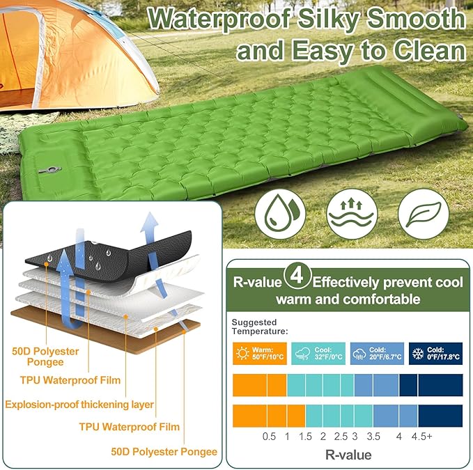 Camping Sleeping Pad, 50D Extra Thickness 4.7 Inch Inflatable Sleeping Mat Lightweight Waterproof Camping Pad, Foot Self-Inflating Sleeping Pads for Backpacking, Hiking, Traveling (Green+Grey)