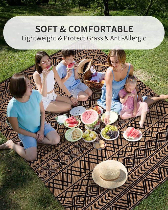 MontVoo-Outdoor Rug Carpet Waterproof 5x8 ft Reversible Patio Rug RV Camping Rug-Plastic Straw Rug Outside Indoor Outdoor Area Rug for Patio Deck Balcony Picnic Beach Outdoor Decor Boho Black Brown