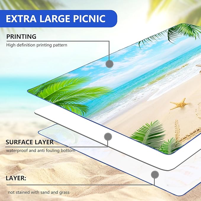 Picnic Blanket, Foldable Waterproof Sand Mat, Extra Large Picnic Blanket Outdoor Picnic Mat Beach Blanket for Park Grass Camping Hiking Travel Family Concerts