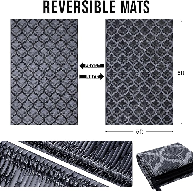 OLANLY Reversible Outdoor Rug 5x8 ft Clearance, Waterproof Outdoor Plastic Straw Rug with Interlacing Pattern, RV Mat for Patio, Camping, Balcony, Deck, Backyard, Black & Grey