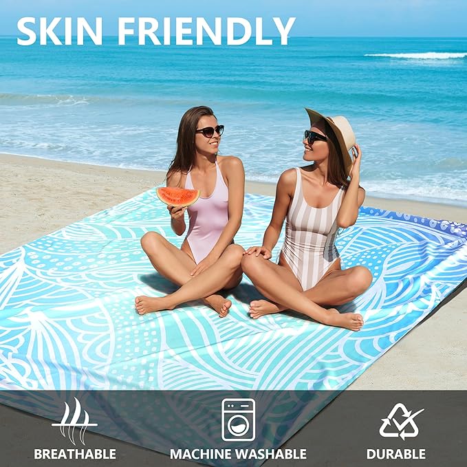 Beach Blanket Waterproof Sandproof Beach Mat 79”x 83” for 1-4 Adults Quick Drying Durable Outdoor Picnic Mat for Beach Festival Travel Camping Hiking (Gradiant Blue-Ripple, 79"×83"(4 Person))
