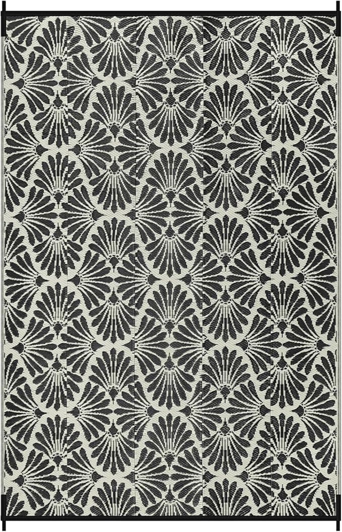 Lahome Outdoor Rug Patio Waterproof 6x9, Black Outdoor Plastic Straw Rug for Porch, Portable Lightweight Mats for Backyard Garden Deck Camping Outside, Black White,6'x9'