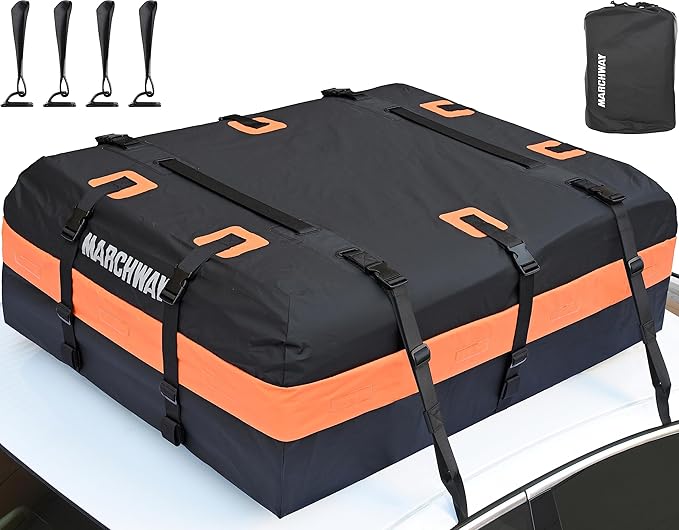 MARCHWAY Waterproof Car Roof Luggage Bag, Weatherproof Soft Shell Rooftop Cargo Carrier Bag for Vehicles with or Without Rack. 6 Door Hooks, Anti Slip Mat, Lock Included (15 Cubic Feet, Orange)