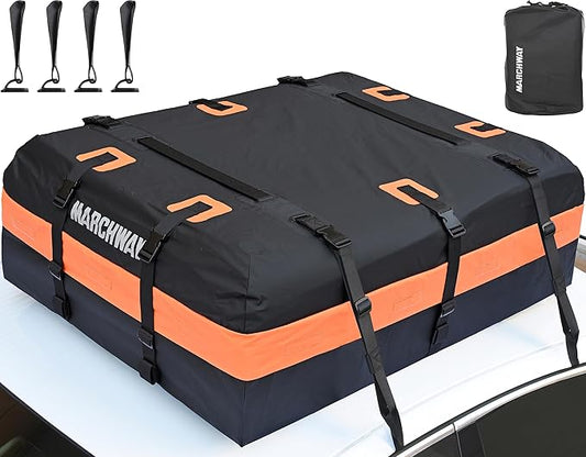 MARCHWAY Waterproof Car Roof Luggage Bag, Weatherproof Soft Shell Rooftop Cargo Carrier Bag for Vehicles with or Without Rack. 6 Door Hooks, Anti Slip Mat, Lock Included (15 Cubic Feet, Orange)