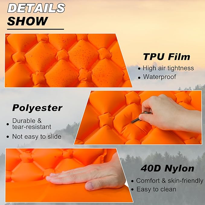 Self Inflating Sleeping Mat Ultralight Inflatable Sleeping Pad for Camping with Pillow Built-in Foot Pump Backpacking for Hiking Traveling Tent, Grey (Orange-Double)