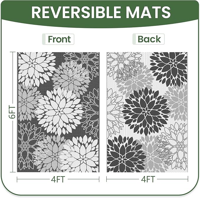 LuxStep Outdoor Rug Waterproof Outdoor Plastic Straw Rug Reversible Patio Rug Mat Outdoor Decor Large Area Mats for RV, Picnic, Backyard, Deck, Balcony, Porch, Beach, Camping, 4'x 6',Grey