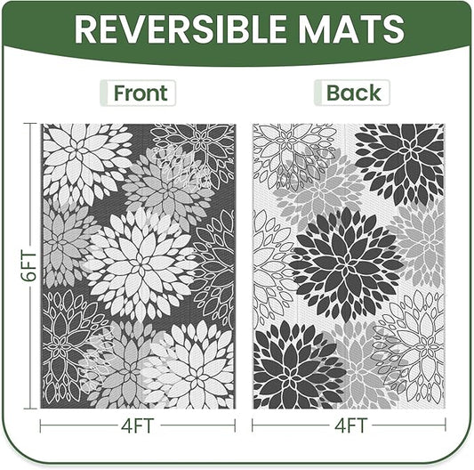 LuxStep Outdoor Rug Waterproof Outdoor Plastic Straw Rug Reversible Patio Rug Mat Outdoor Decor Large Area Mats for RV, Picnic, Backyard, Deck, Balcony, Porch, Beach, Camping, 4'x 6',Grey