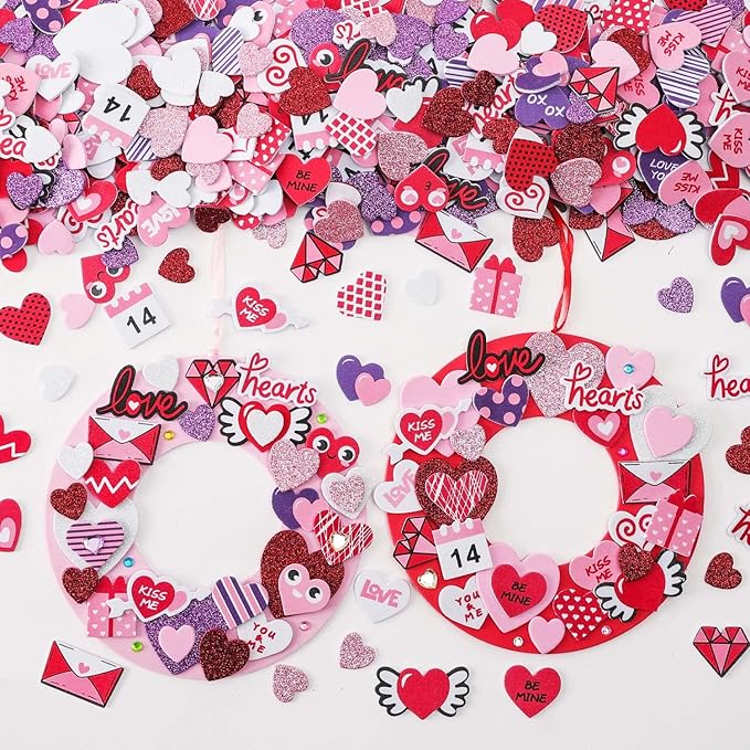 TINYFUTURE 18 Sets DIY Valentine's Day Foam Wreath Crafts Kits Decorations Self Adhesive Heart Sticker Love Heart Letter Shiny Sticker for Kids Party Favors Fun Classroom Home Activities