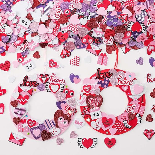 TINYFUTURE 18 Sets DIY Valentine's Day Foam Wreath Crafts Kits Decorations Self Adhesive Heart Sticker Love Heart Letter Shiny Sticker for Kids Party Favors Fun Classroom Home Activities