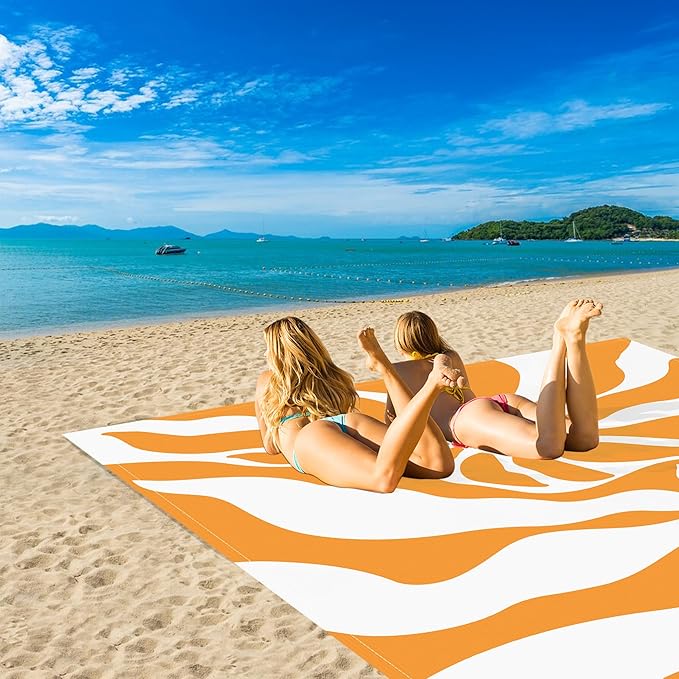 Sandproof Beach Blanket, Sand Free Waterproof Outdoor Beach Mat with 4 Stakes & Pockets, 78''×86'' Large Foldable Boho Sun Picnic Blanket with Portable Bag for Camping, Travel, Hiking