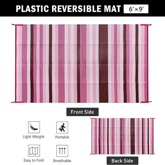 Outdoor Waterproof Rug 6'x9' Plastic Straw Rugs Washable Reversible Floor Mat Pink Stripe Carpet for Camping RV Deck Entryance Porch Picnic Balcony Beach Backyard
