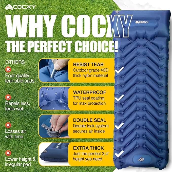 Self Inflating Sleeping Pad 3.4 inch Thick Ultralight Inflatable Camping Pad with Pillow & Built-in Foot Pump, Backpacking Sleeping pad for Camping, Traveling, Tents, Hiking, Floor