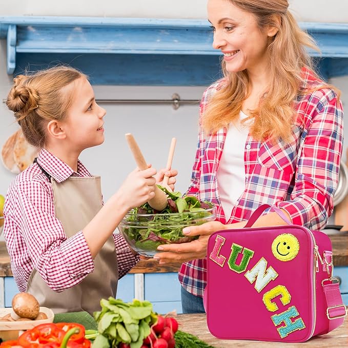 Insulated Lunch Bag Women Lunch Box Kids for Teen Girls Boys, Cute Preppy Lunch Boxes With Adjustable Shoulder Strap, Waterproof Nylon Lunchbox Lunch Bags for School Work Picnic (Wine)