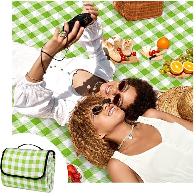 Picnic Camping Blankets, 3 Layers Thick Soft Gingham Blanket, Large 59X79IN Foldable Waterproof Rug, Portable Outdoor Mat for Beach Grass Hiking Park Travel, Sandproof, Machine Washable-Green