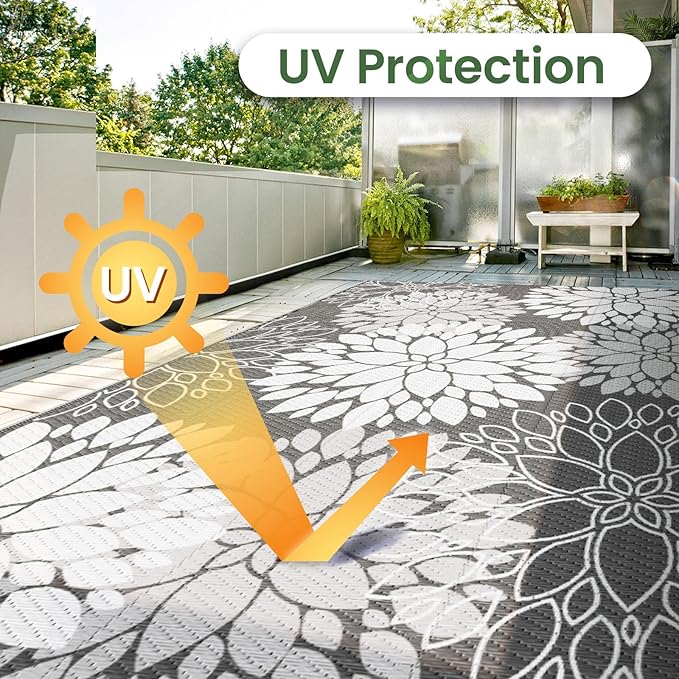 LuxStep Outdoor Rug Waterproof Outdoor Plastic Straw Rug Reversible Patio Rug Mat Outdoor Decor Large Area Mats for RV, Picnic, Backyard, Deck, Balcony, Porch, Beach, Camping, 6'x 9',Grey