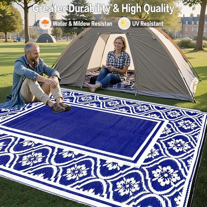 Patio Rug 5'x8' Waterproof Outside Area Rugs Reversible Light Blue Outdoor Plastic Straw Carpet for RV Deck Camping Entryance Porch Picnic Balcony Beach