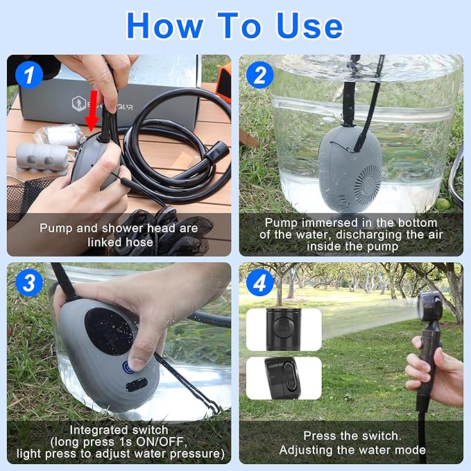 Lightweight Portable Camping Shower, 6000mAh Rechargeable Outdoor Shower Pump with 5 Pressure Modes, Filtered Shower Head, Temperature & Power Display for Hiking, Travel, Washing, Emergency