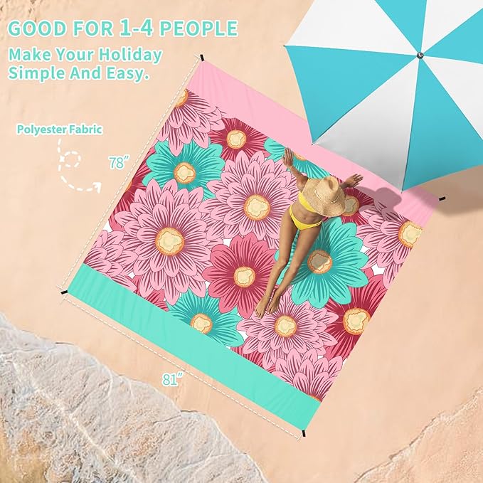 BYDOLL Beach Blanket Waterproof Sandproof 78''×81'' Suits1-4 Adults Compact Lightweight Oversized Sand-Free Blanket Large Picnic Mat for Beach Travel Camping Hiking