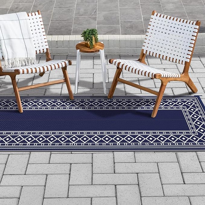 GENIMO Outdoor Rug Waterproof for Patio, 2.5'x8' Foldable Reversible Plastic Straw Runner Rug Carpet for Porch, Outside Area Mat for Rv, Deck, Picnic, Camper, Balcony, Beach, Blue & White