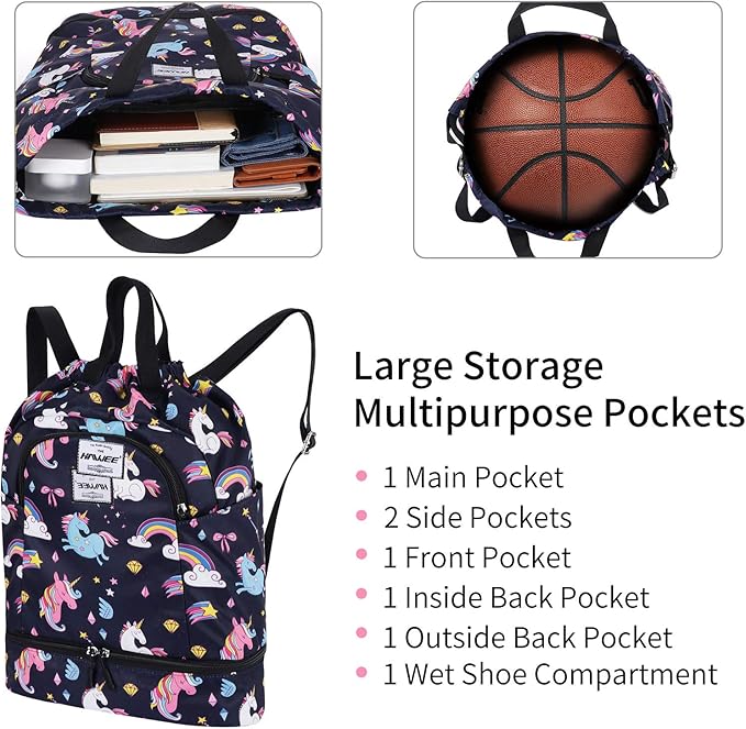 Dry Wet Drawstring Backpack with Shoe Compartment for Women Adjustable Gym Bag