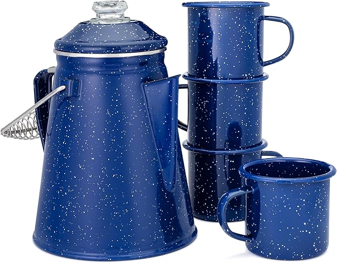 COLETTI Classic Camping Coffee Pot & Mug Set - Percolator Coffee Pot, Enamel Mug Complete Nostalgic Bundle German Imported Enamel Powder [12 oz, Set of 4] (Blue)