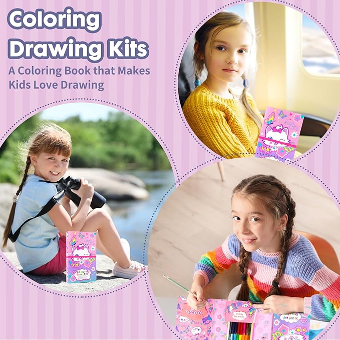 Cat Coloring Book Set with Coloring Pages & Colored Pencils, Art Supplies for Kids Ages 4-6-8, Arts Crafts Travel Coloring Kit for Girls 4 5 6 7 8 Year Old Birthday Gift