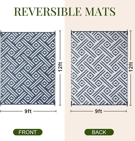 OPPODREAM Outdoor Rug 9x12 Patio Waterproof, Large Outdoor Plastic Straw Rug, Reversible Out Door Carpet for Camping, Deck, Rv, 9 x 12 Area Carpet for Balcony, Porch, Backyard, White and Navy Blue