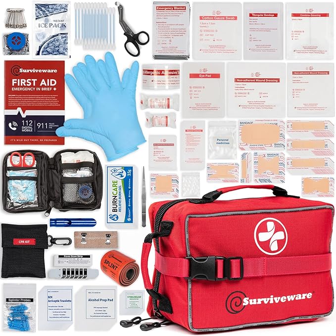 Surviveware 238 Pcs Comprehensive Premium Survival First Aid Kit - Medical Emergency Kit for Travel Camping Gear, Home Essentials & Outdoor Emergencies - HSA & FSA Eligible Survival Kit