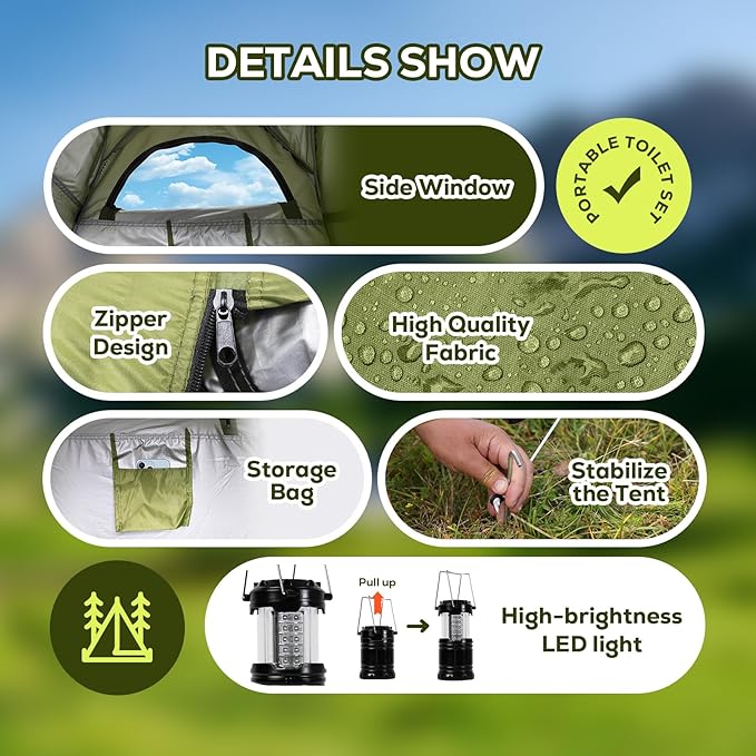 Portable Toilet Pop Up Privacy Tent Set, Outdoor Camping Bathroom Tent Potty for Adults, Stainless Steel Toilet Kit with Night Lantern, Foldable Instant Shower Changing Dressing Room with Carry Bag