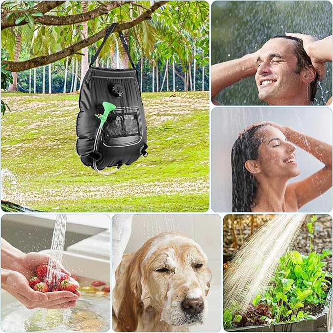 Solar Portable Shower Bag, 5 Gal/20L Solar Heating Outdoor Camping Shower Bag with On-Off Switchable Shower Head&Removable Hose Suitable for Camping, Hiking, Travel, Beach Swimming