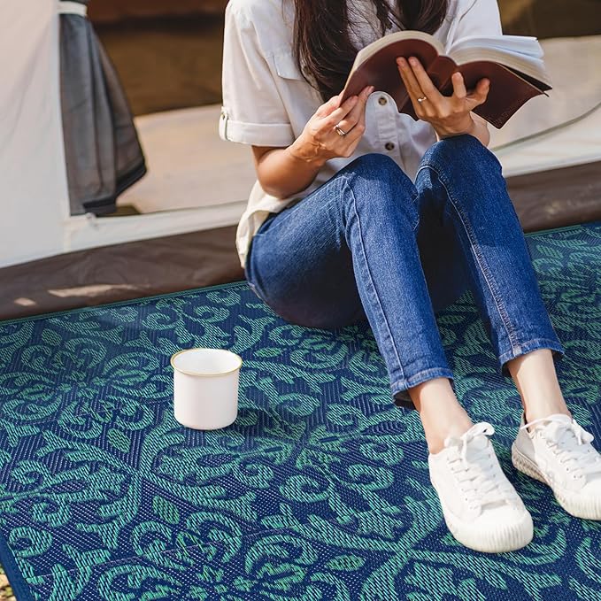 Lahome Navy Blue Outdoor Patio Rug Waterproof 6x9, Plastic Straw Rug Reversible Indoor Outdoor Carpet Floor Decor,Large Portable Outside Camping Mats for Balcony Deck Tent, Deep Blue 6x9