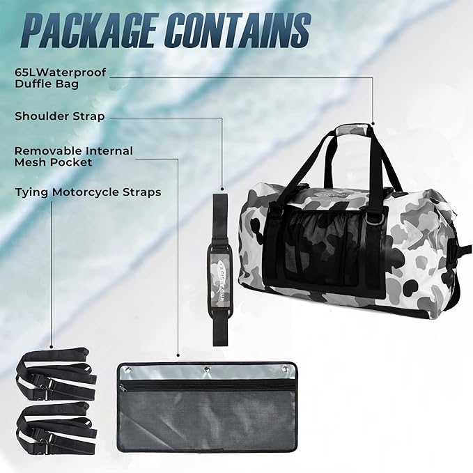 65L Waterproof Duffel Bag for Men and Women - Large Motorcycle Duffle Bag with Straps for Back Seat - Roll Top Dry Bag for Kayaking, Rafting, Boating, Swimming, Beach